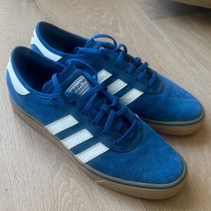 adidas Men’s skateboarding Blue Suede Sneakers with White Stripes and Gum Sole